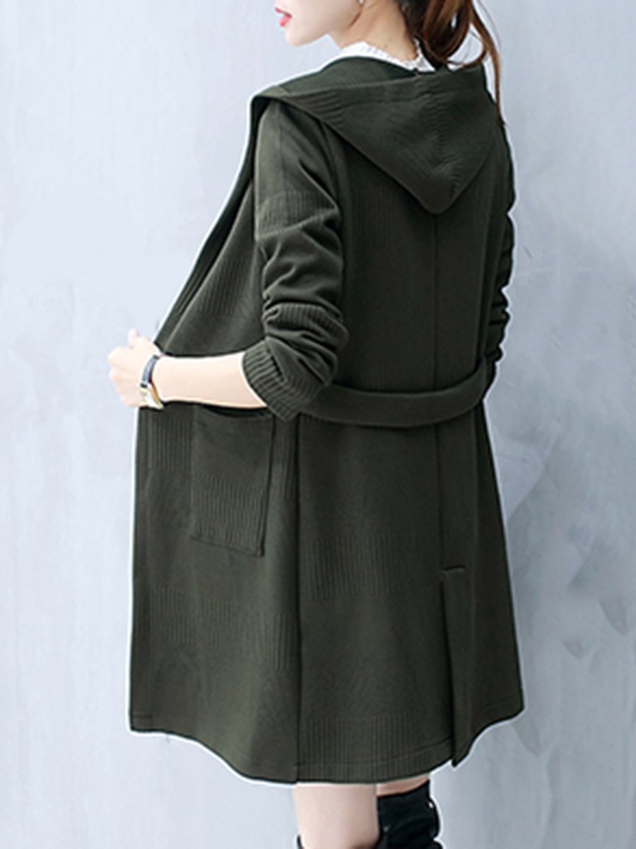 Hooded  Plain  Long Sleeve Trench Coats