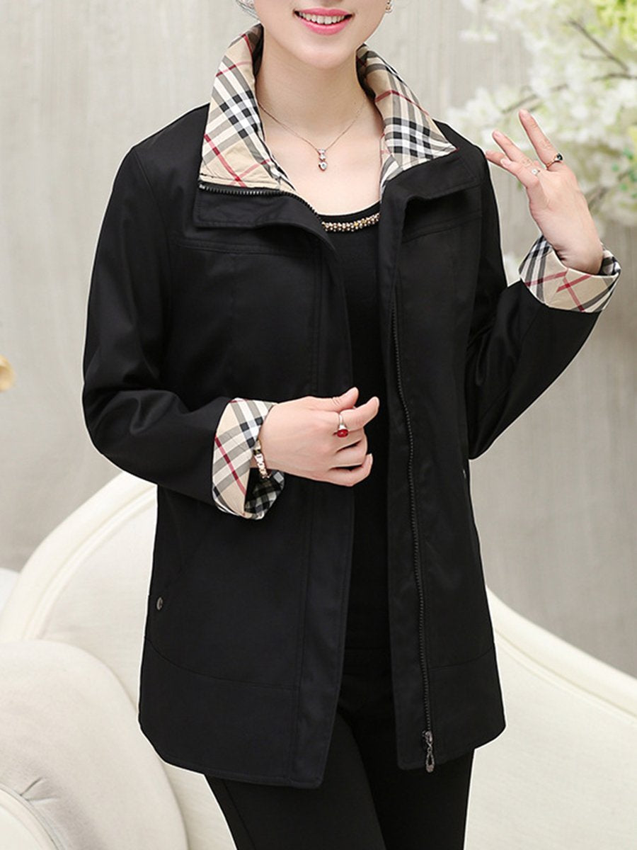 Fold-Over Collar  Zips  Plain  Long Sleeve Trench Coats