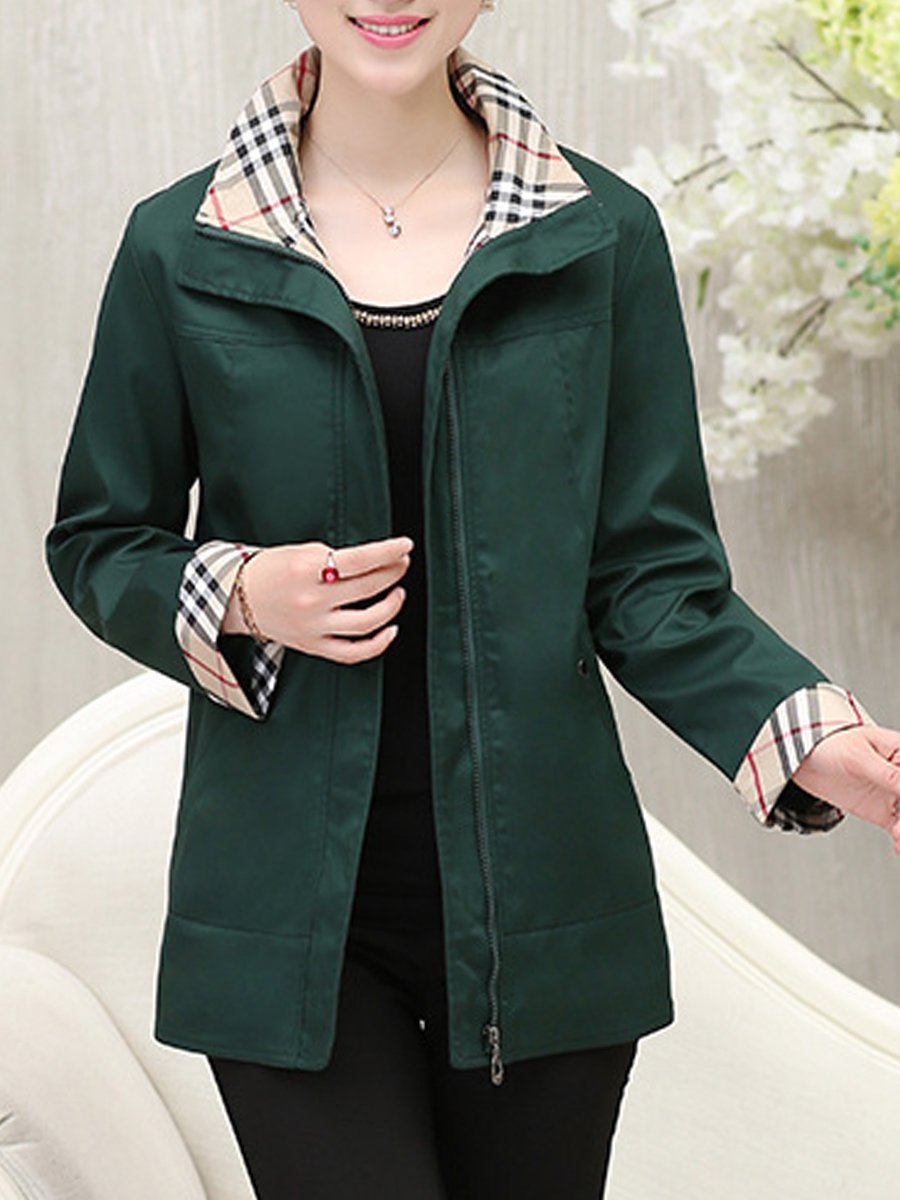 Fold-Over Collar  Zips  Plain  Long Sleeve Trench Coats