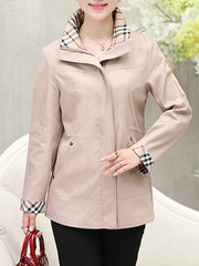 Fold-Over Collar  Zips  Plain  Long Sleeve Trench Coats