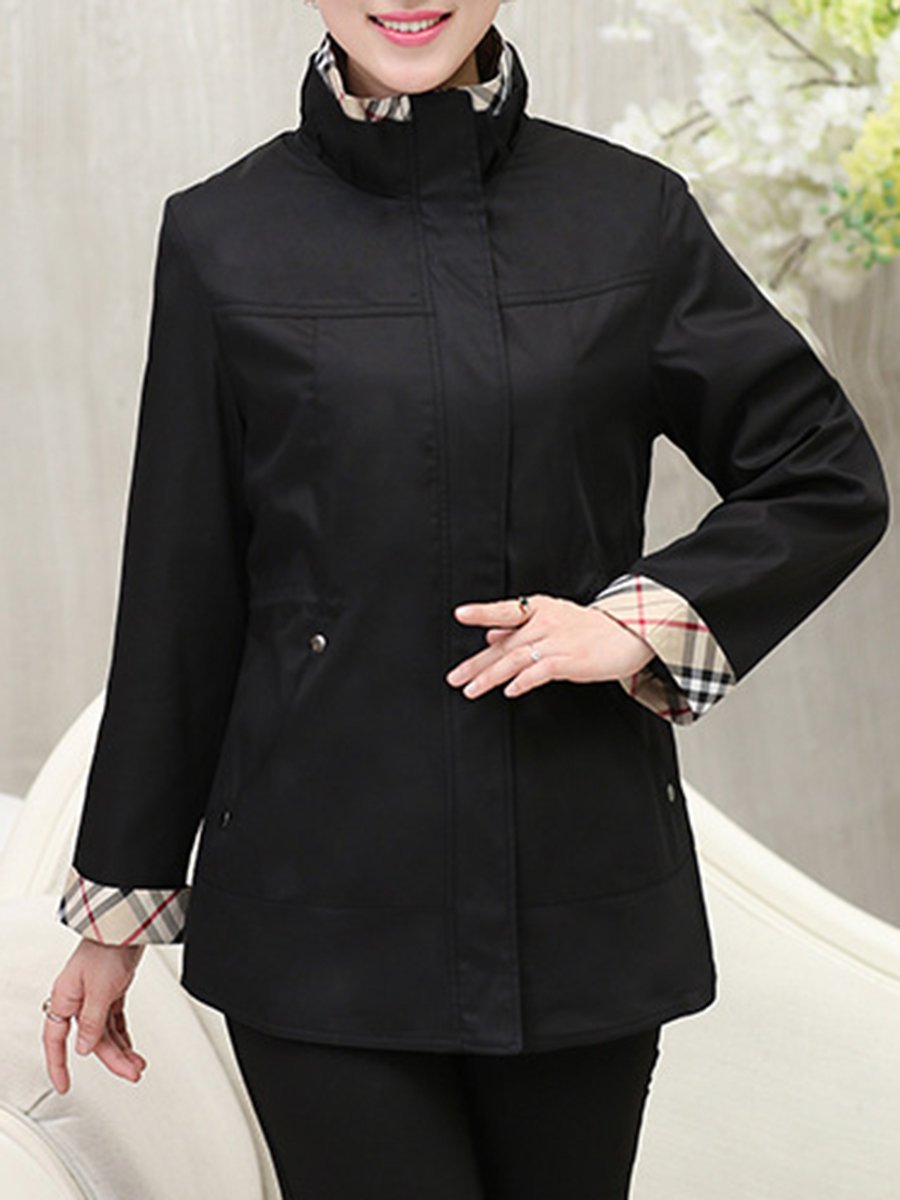 Fold-Over Collar  Zips  Plain  Long Sleeve Trench Coats