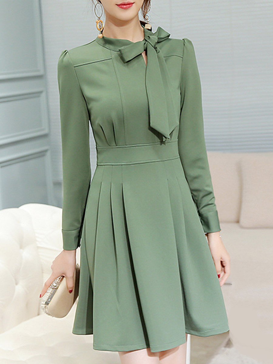 Tie Collar Bowknot Plain Skater Dress