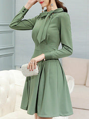 Tie Collar Bowknot Plain Skater Dress