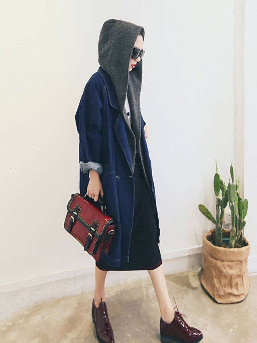 Fold-Over Collar  Plain  Long Sleeve Trench Coats