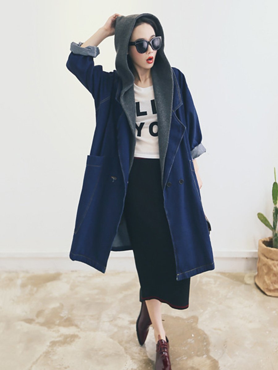 Fold-Over Collar  Plain  Long Sleeve Trench Coats