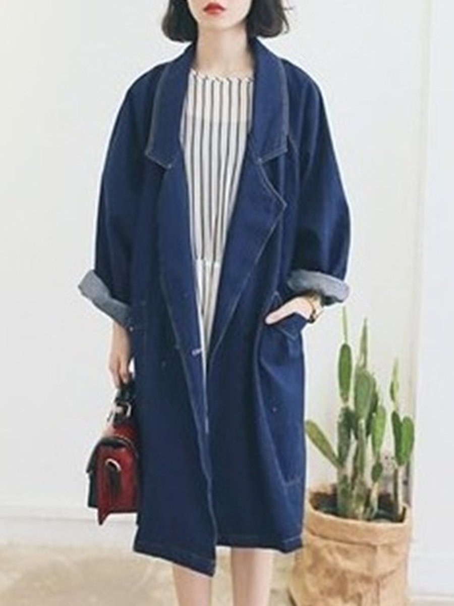 Fold-Over Collar  Plain  Long Sleeve Trench Coats
