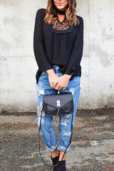 High Neck  Hollow Out Patchwork Plain  Blouses