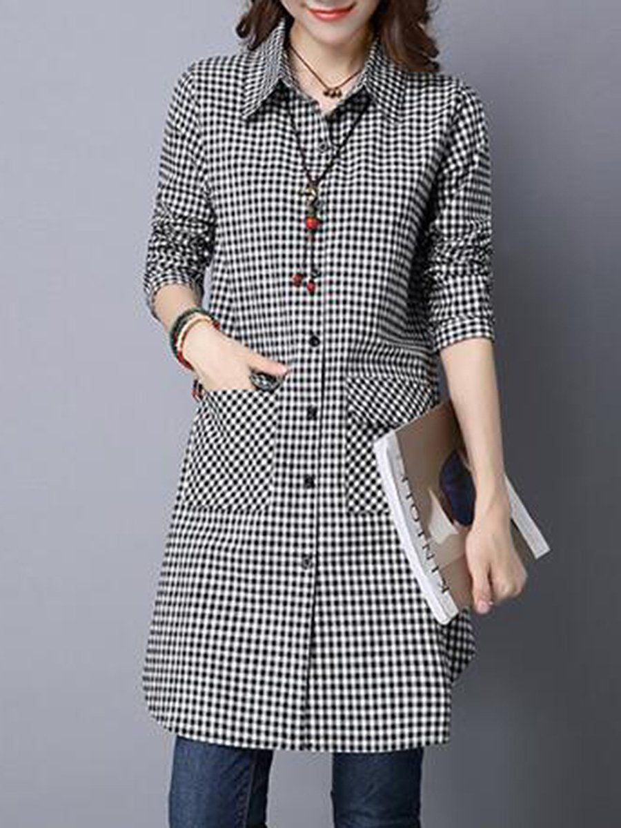 Turn Down Collar  Single Breasted  Plaid  Long Sleeve Trench Coats