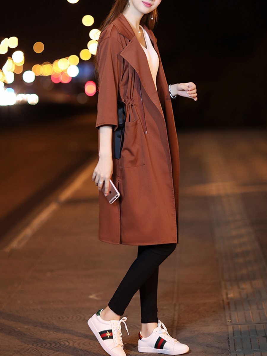 Fold-Over Collar  Drawstring  Plain  Half Sleeve Trench Coats