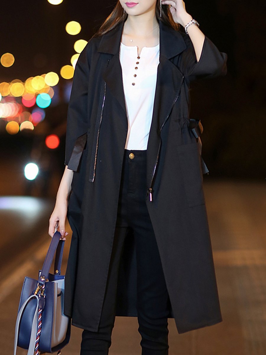 Fold-Over Collar  Drawstring  Plain  Half Sleeve Trench Coats