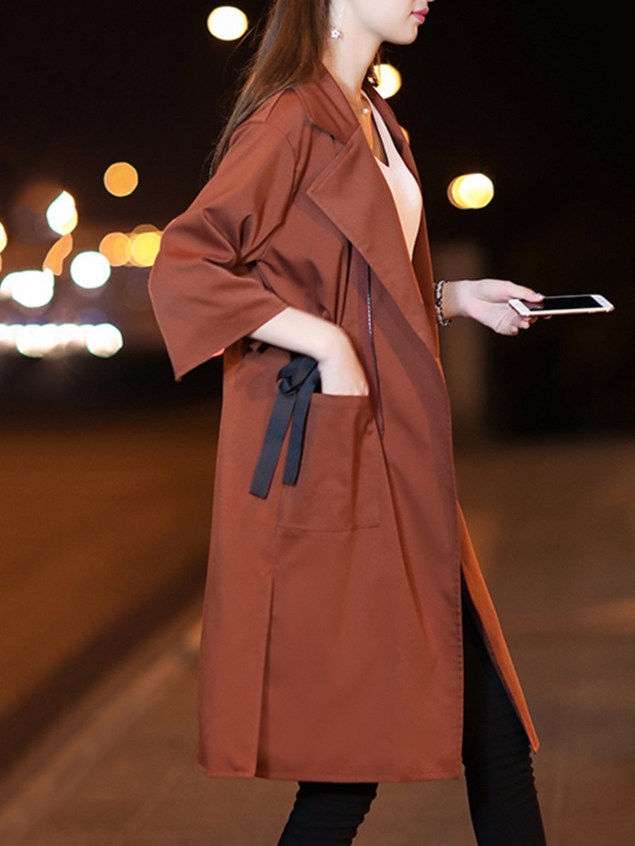 Fold-Over Collar  Drawstring  Plain  Half Sleeve Trench Coats