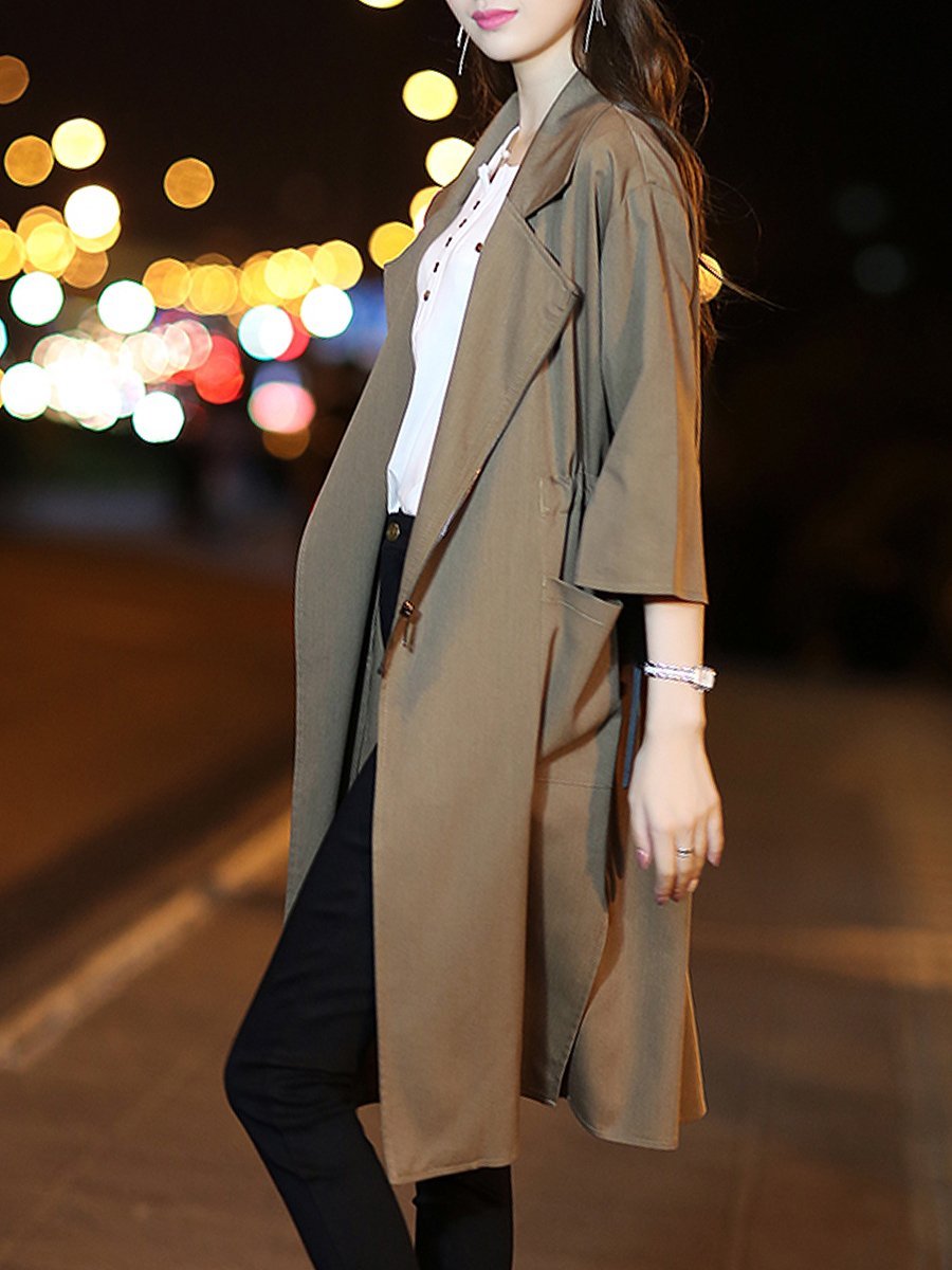 Fold-Over Collar  Drawstring  Plain  Half Sleeve Trench Coats