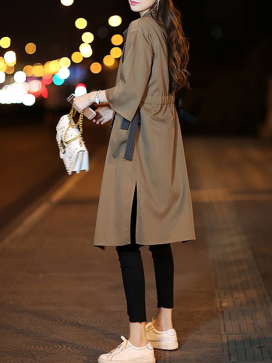 Fold-Over Collar  Drawstring  Plain  Half Sleeve Trench Coats