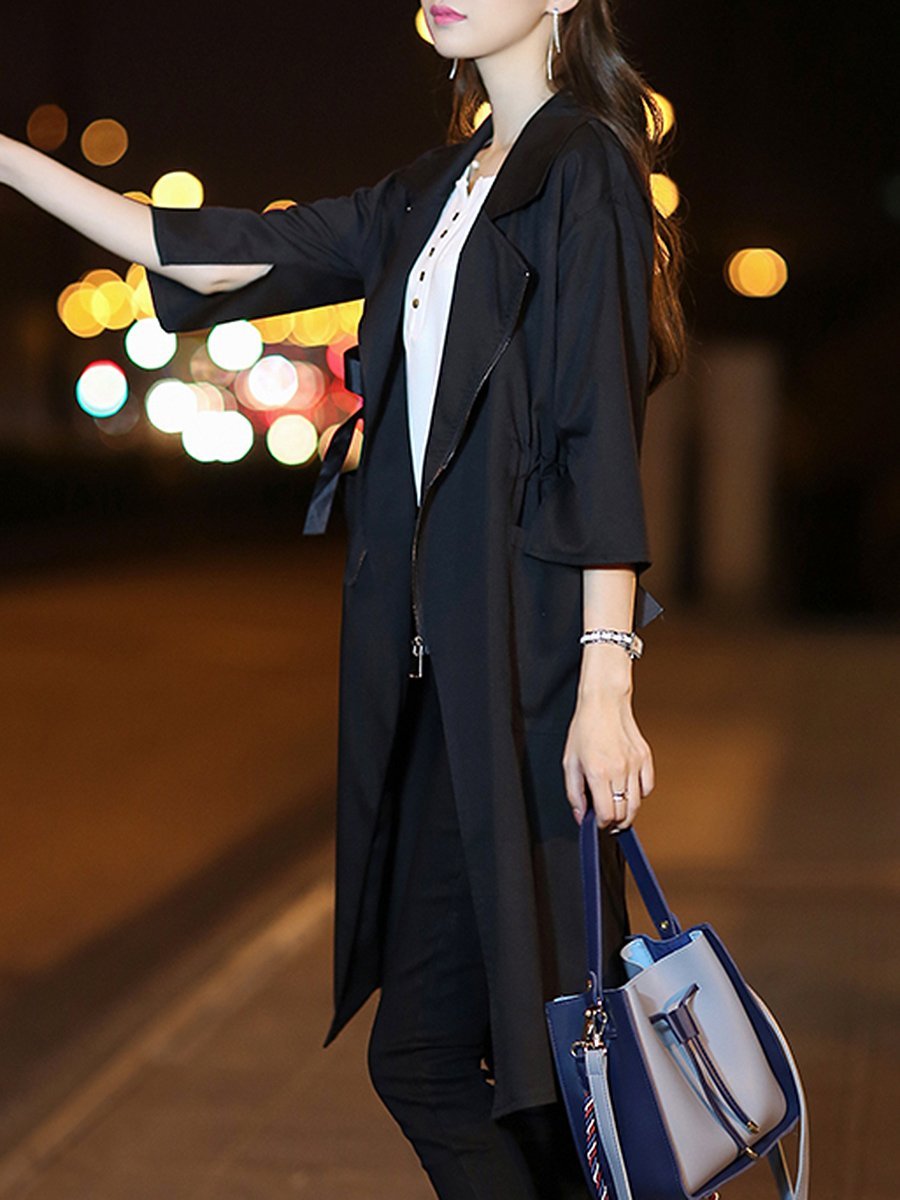 Fold-Over Collar  Drawstring  Plain  Half Sleeve Trench Coats