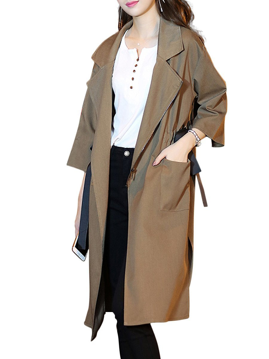 Fold-Over Collar  Drawstring  Plain  Half Sleeve Trench Coats