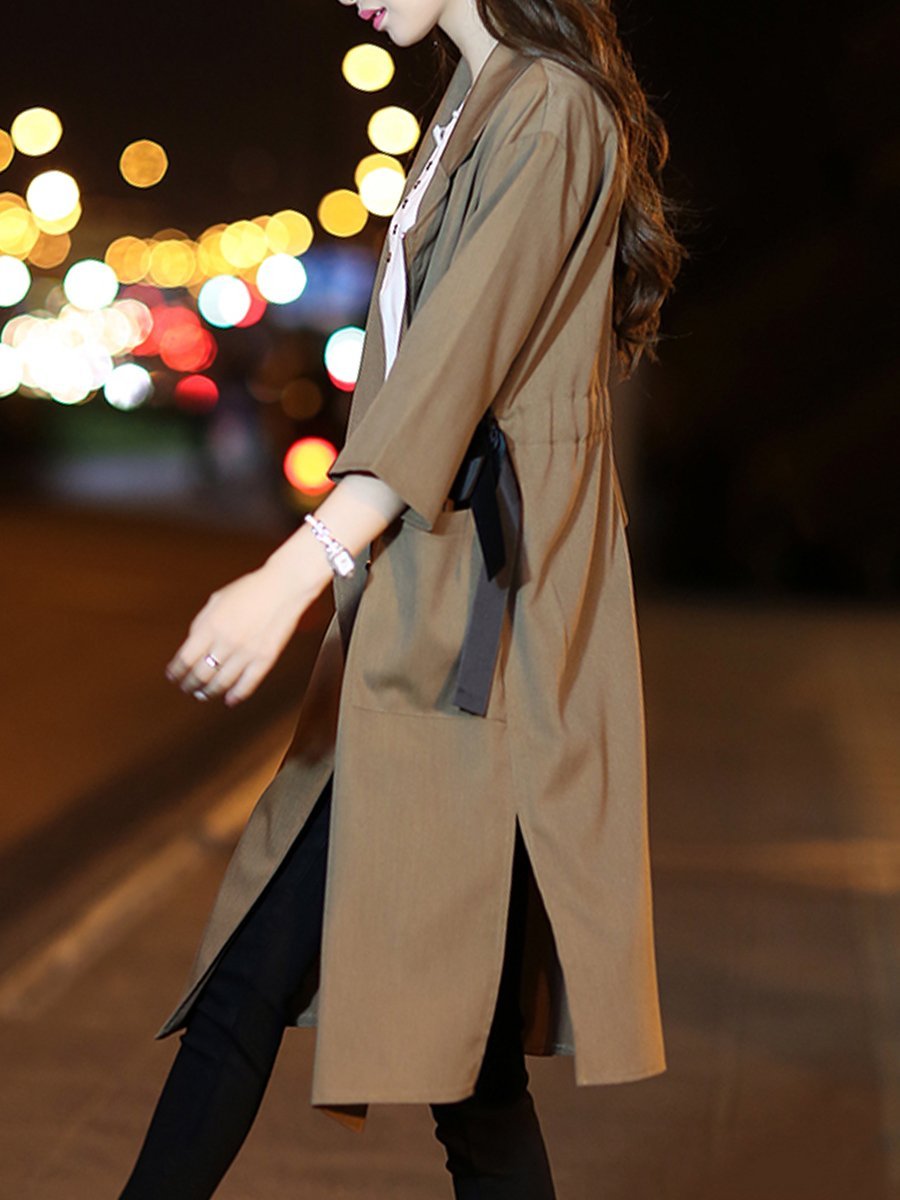 Fold-Over Collar  Drawstring  Plain  Half Sleeve Trench Coats