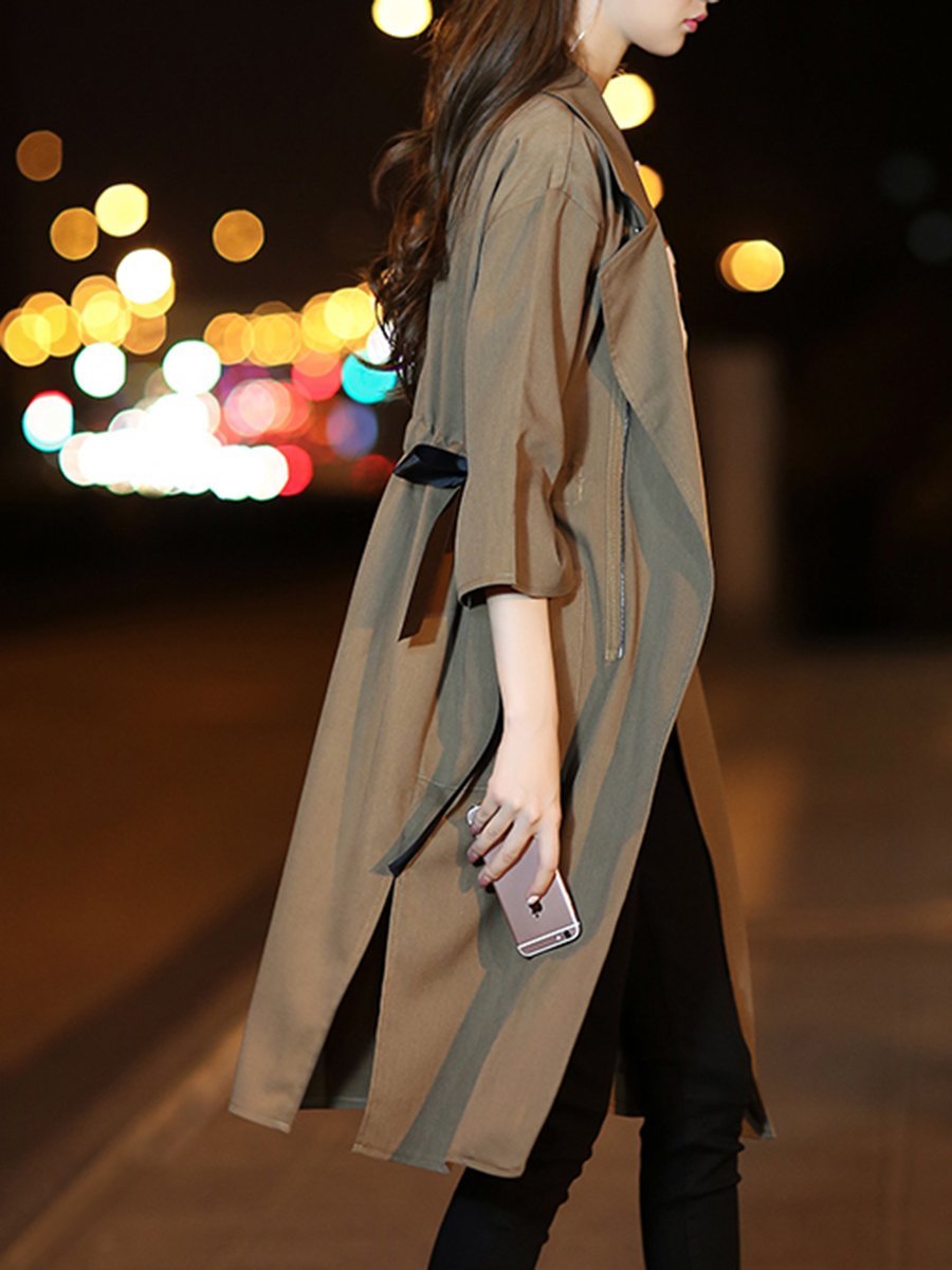 Fold-Over Collar  Drawstring  Plain  Half Sleeve Trench Coats