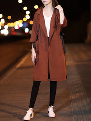 Fold-Over Collar  Drawstring  Plain  Half Sleeve Trench Coats