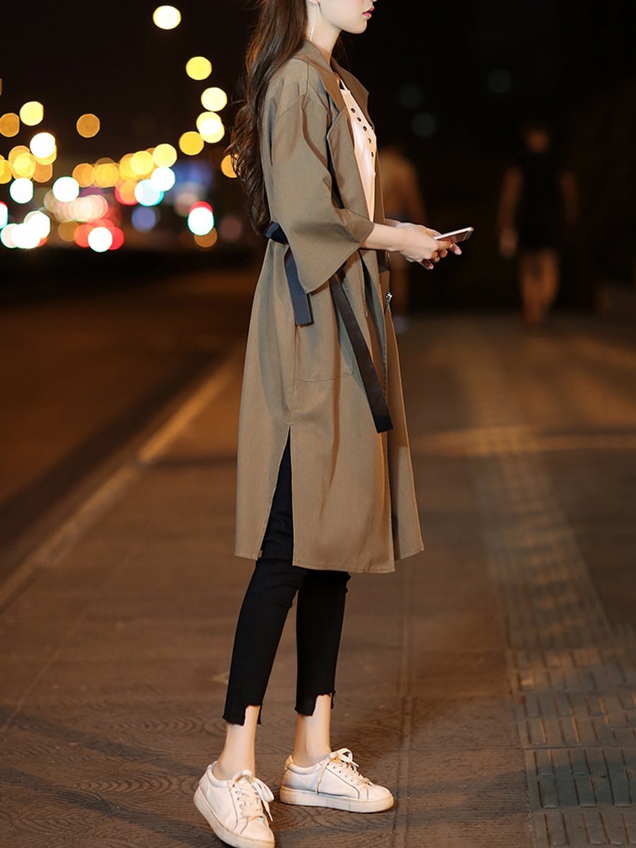 Fold-Over Collar  Drawstring  Plain  Half Sleeve Trench Coats