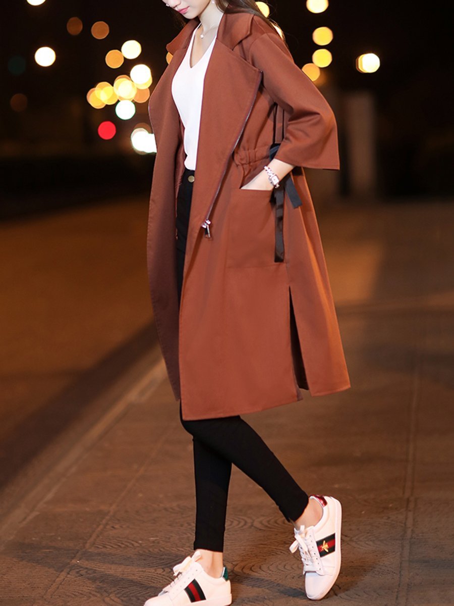 Fold-Over Collar  Drawstring  Plain  Half Sleeve Trench Coats