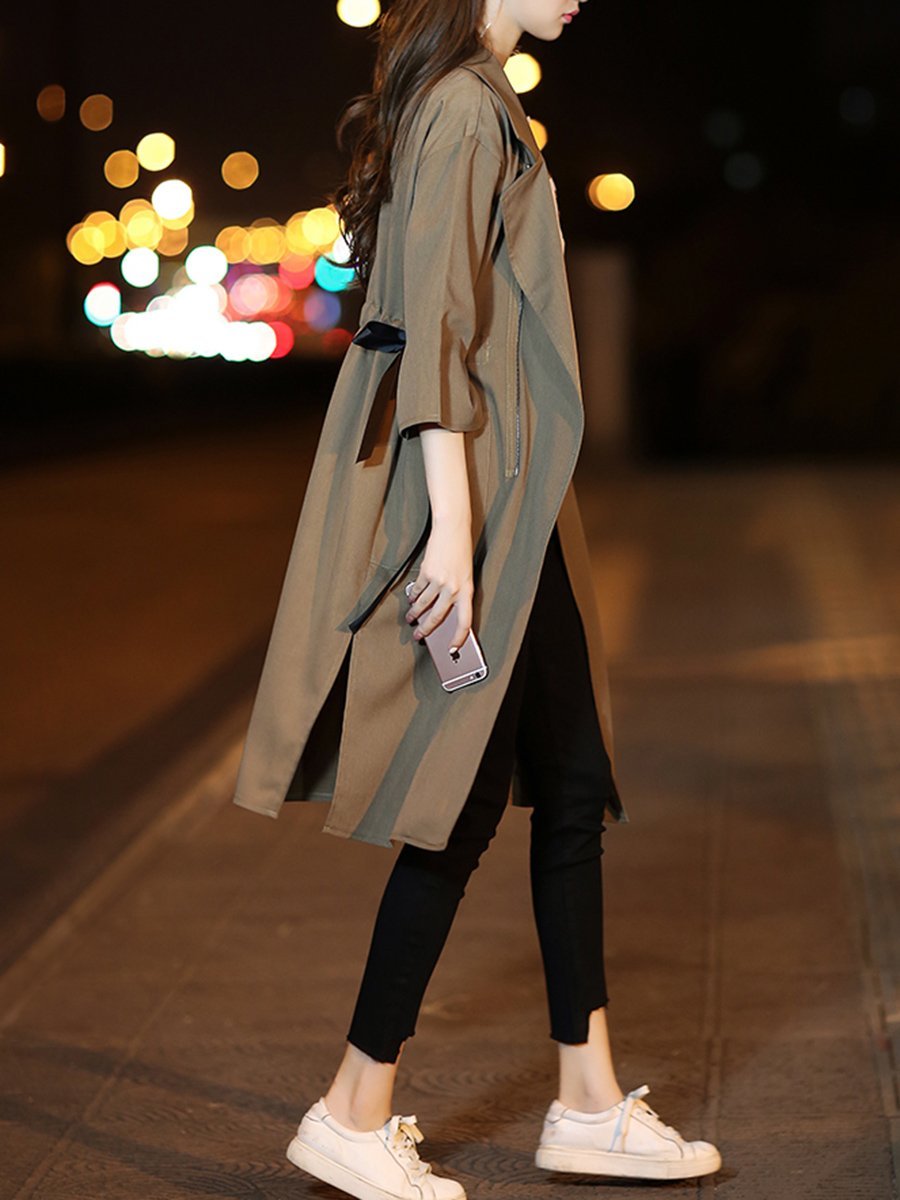 Fold-Over Collar  Drawstring  Plain  Half Sleeve Trench Coats