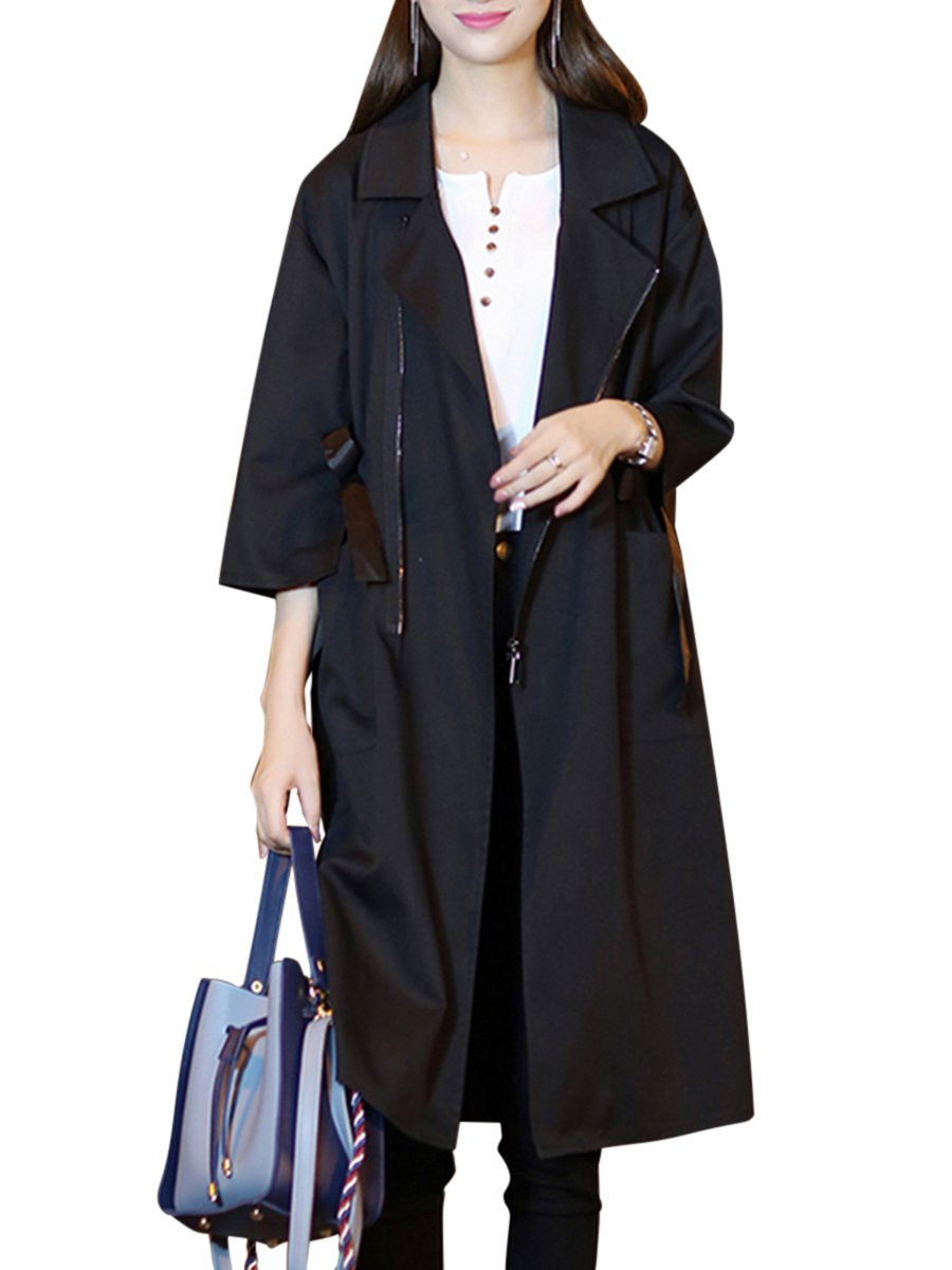 Fold-Over Collar  Drawstring  Plain  Half Sleeve Trench Coats