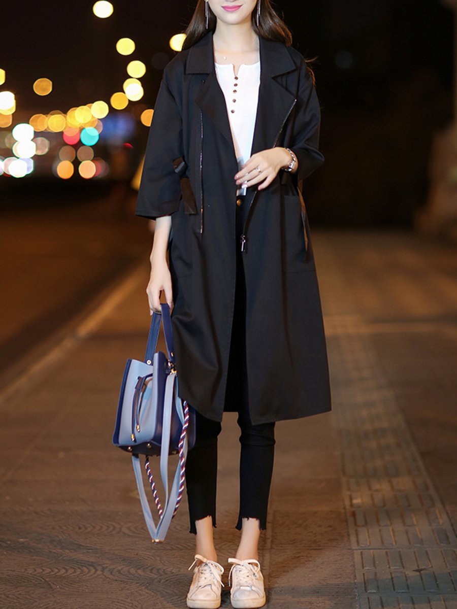 Fold-Over Collar  Drawstring  Plain  Half Sleeve Trench Coats