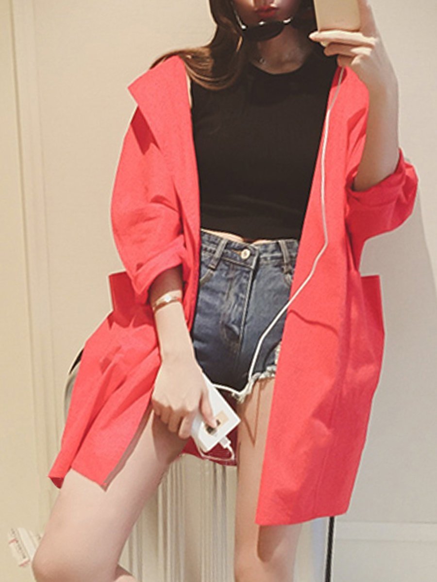 Hooded  Plain  Long Sleeve Trench Coats