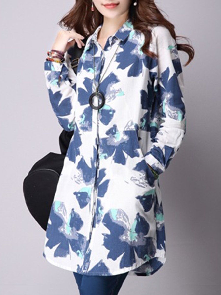 Turn Down Collar  Printed  Long Sleeve Trench Coats