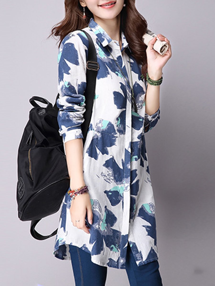 Turn Down Collar  Printed  Long Sleeve Trench Coats