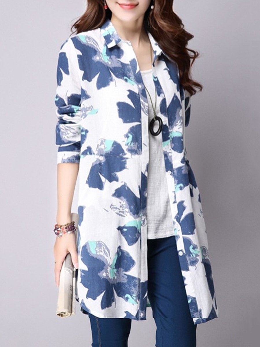 Turn Down Collar  Printed  Long Sleeve Trench Coats