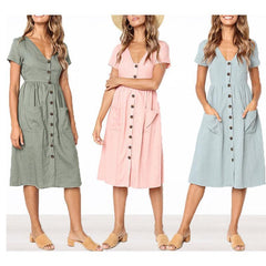 V Neck Button Pocket Short Sleeve Casual Dress