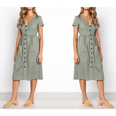 V Neck Button Pocket Short Sleeve Casual Dress