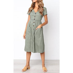V Neck Button Pocket Short Sleeve Casual Dress