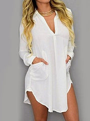 Turn Down Collar Patch Pocket Plain Blouses