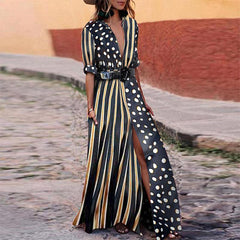 Fashionable V-Neck Striped Polka Dot Vacation Dress