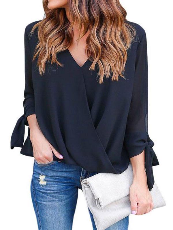 V Neck Asymmetric Hem Plain Blouses