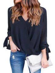 V Neck Asymmetric Hem Plain Blouses