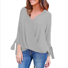 V Neck Asymmetric Hem Plain Blouses