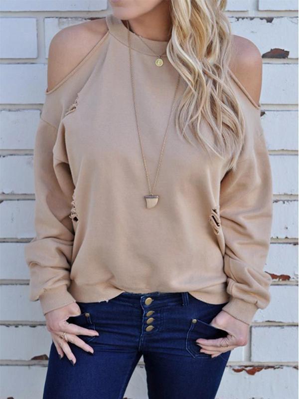 Long Sleeve Loose Strapless Hole T-Shirt Sweater