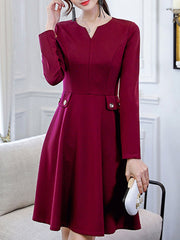V Neck  Decorative Buttons  Plain Skater Dress
