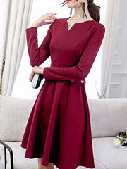 V Neck  Decorative Buttons  Plain Skater Dress