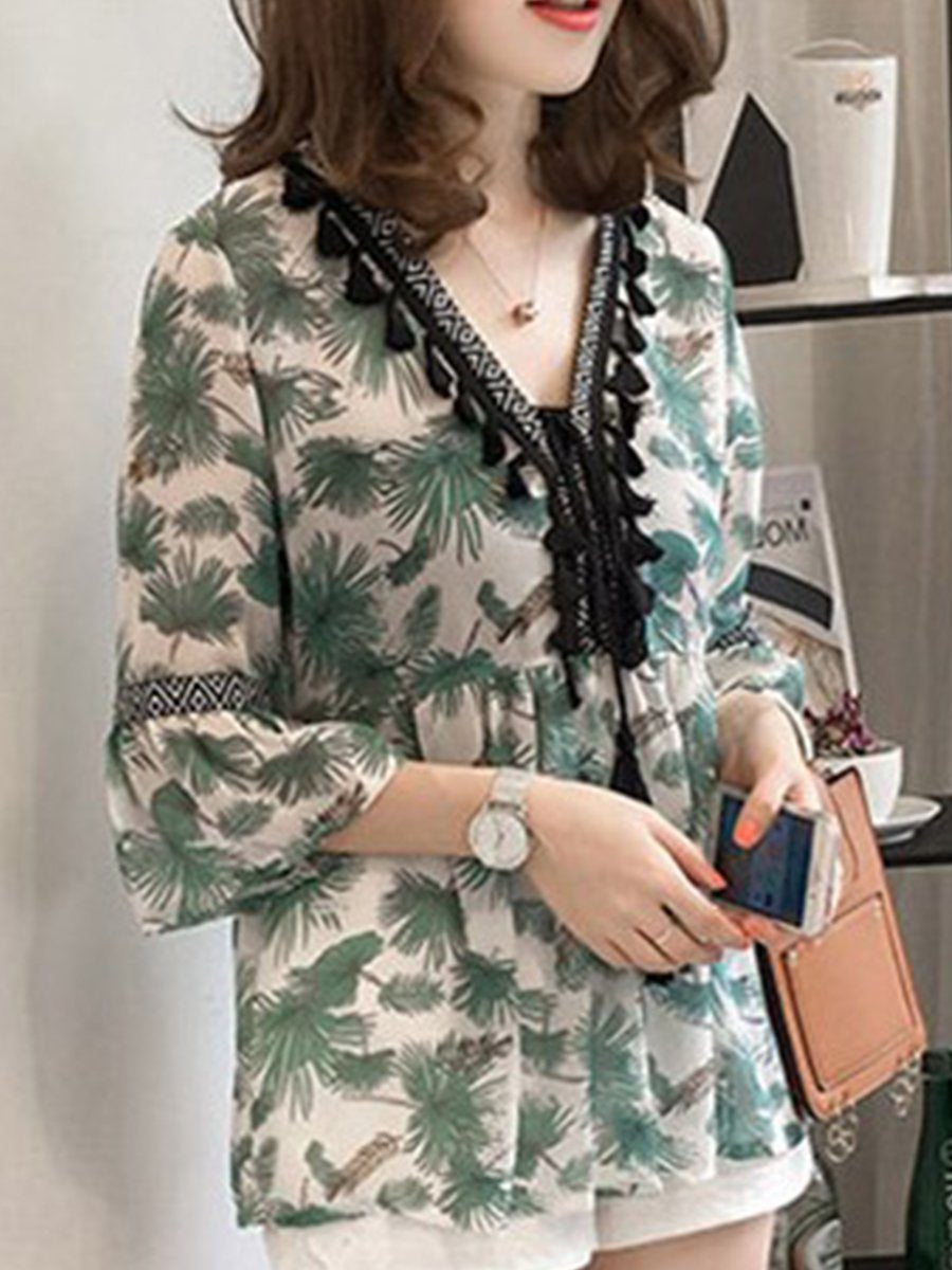 V Neck  Abstract Print Blouses