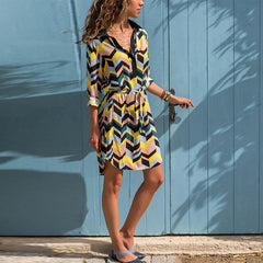 Striped Printed Lapel Lace Up Casual Dress