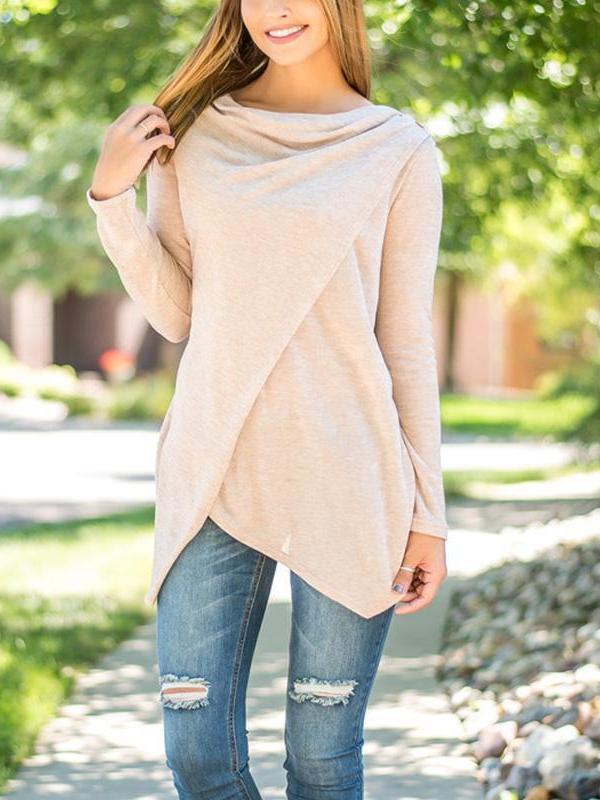 Long Sleeve Plain Asymmetrical T-Shirts