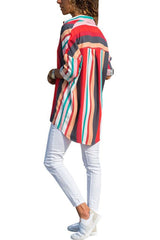 Turn Down Collar  Asymmetric Hem  Striped  Blouses