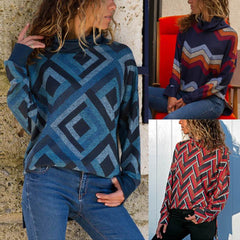 Geometric Printed Casual Long Sleeve High Collar Knitting T-Shirts