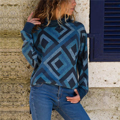Geometric Printed Casual Long Sleeve High Collar Knitting T-Shirts