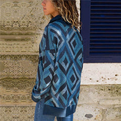 Geometric Printed Casual Long Sleeve High Collar Knitting T-Shirts