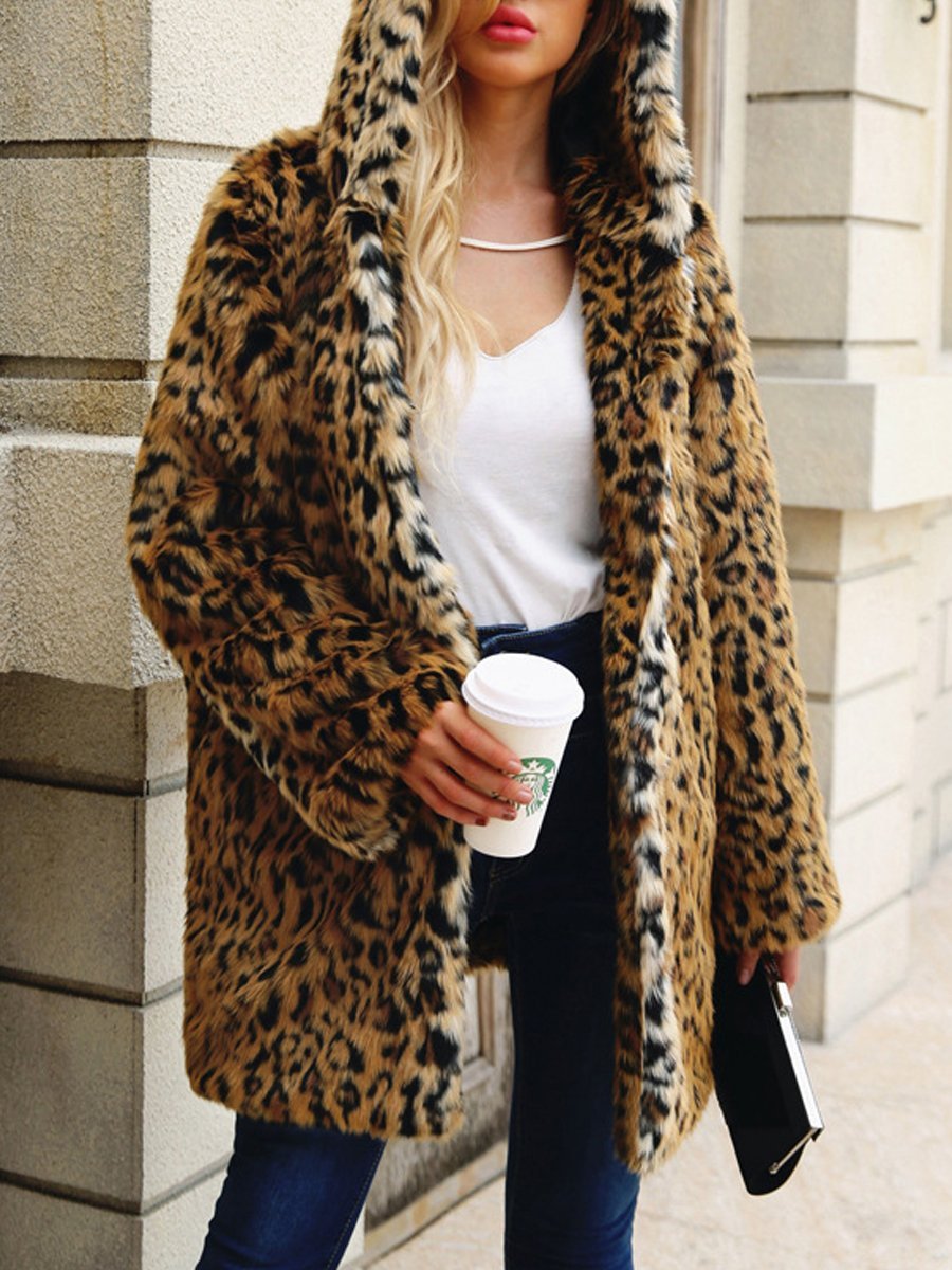 Hooded  Leopard  Long Sleeve Coats